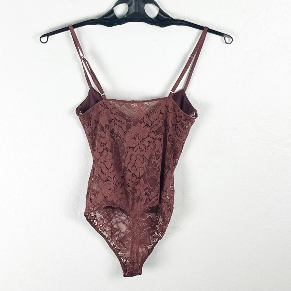 INTIMATELY FREE PEOPLE Double Dare Chocolate Lace Corset Thong Bodysuit Size XS